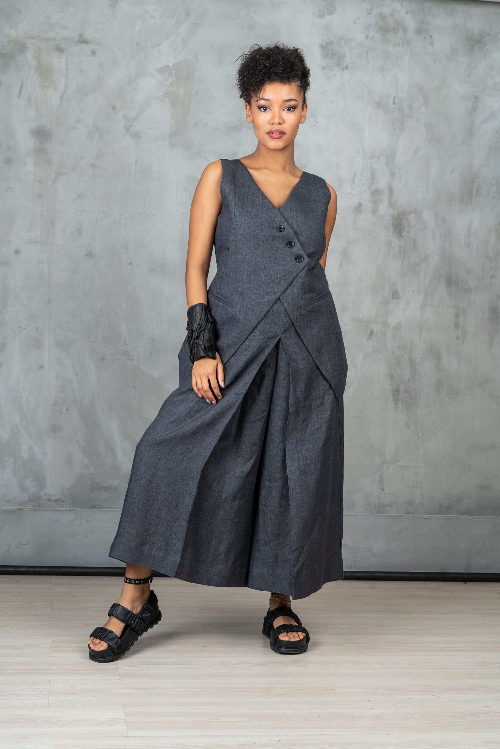 Graphite Linen Waistcoat Avant Garde Women's Vest Goth