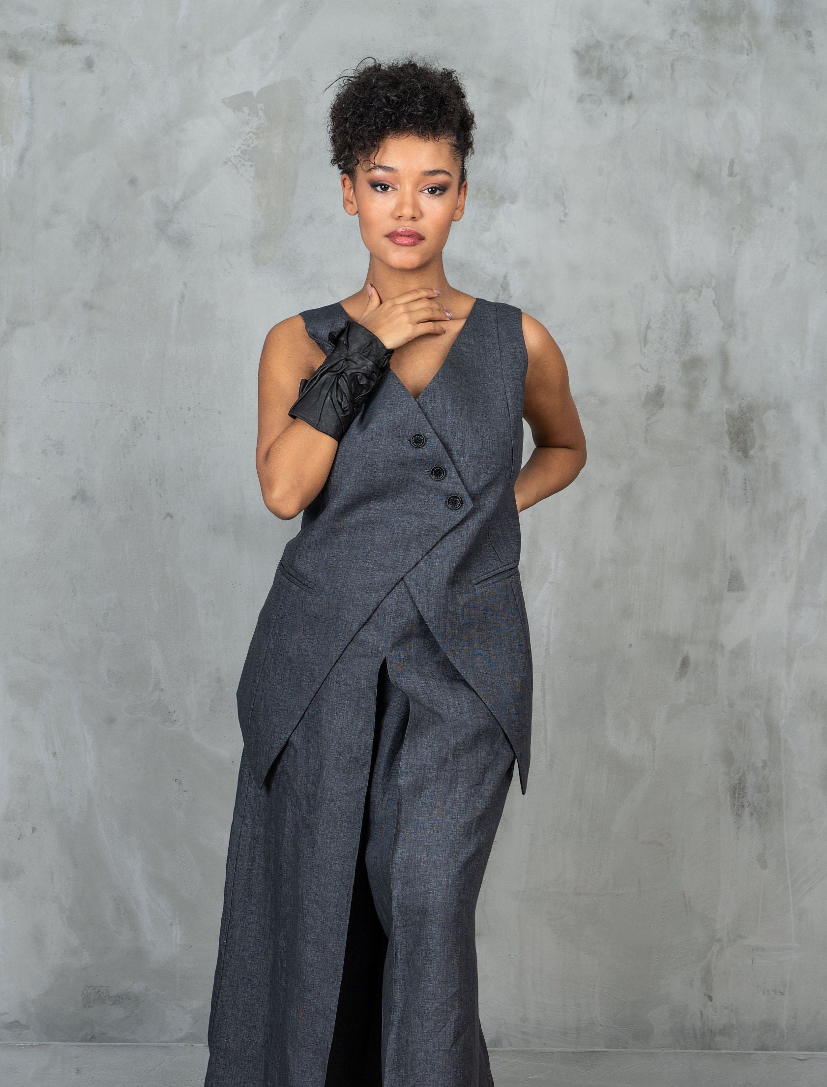 Graphite Linen Waistcoat Avant Garde Women's Vest Goth