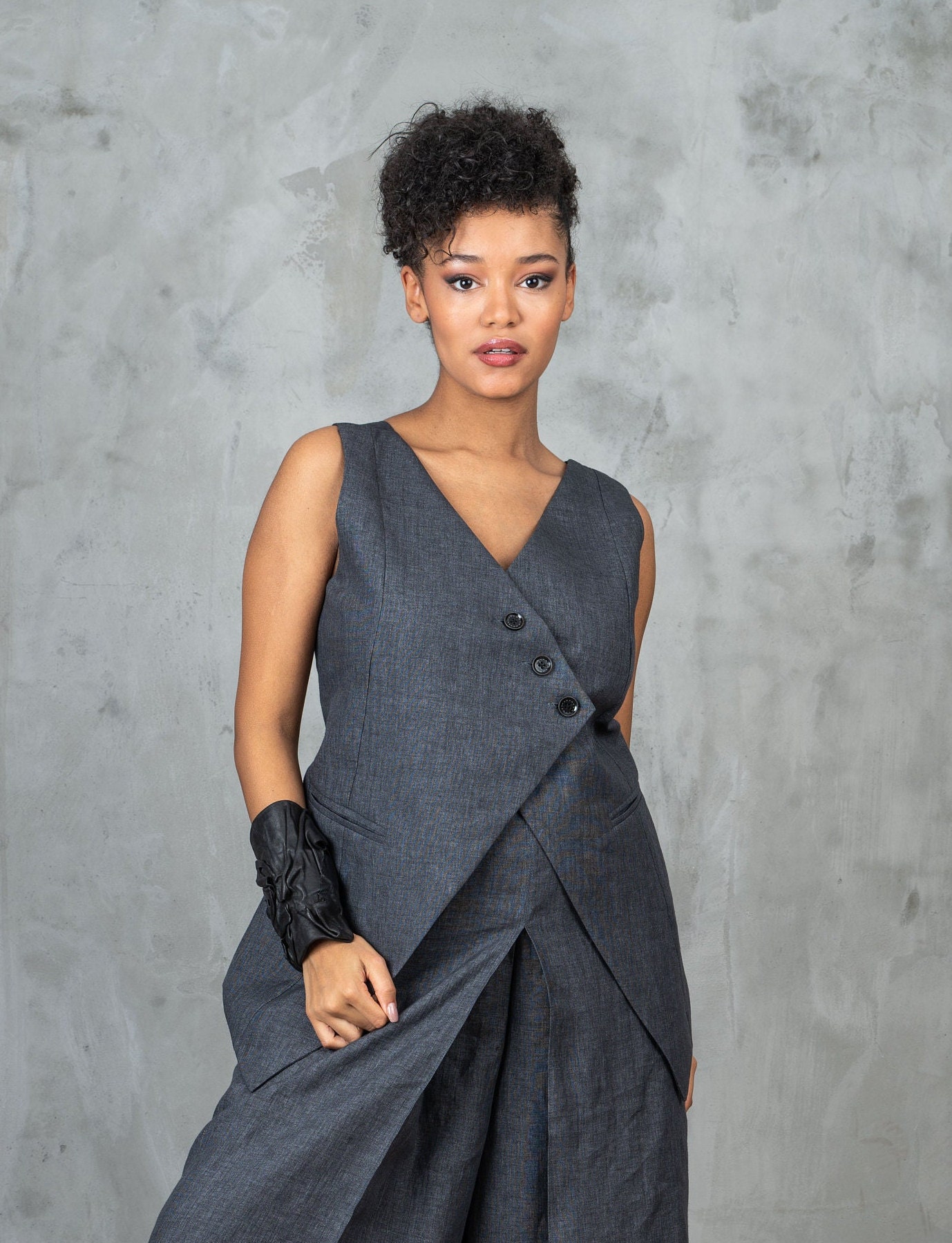 Graphite Linen Waistcoat Avant Garde Women's Vest Goth