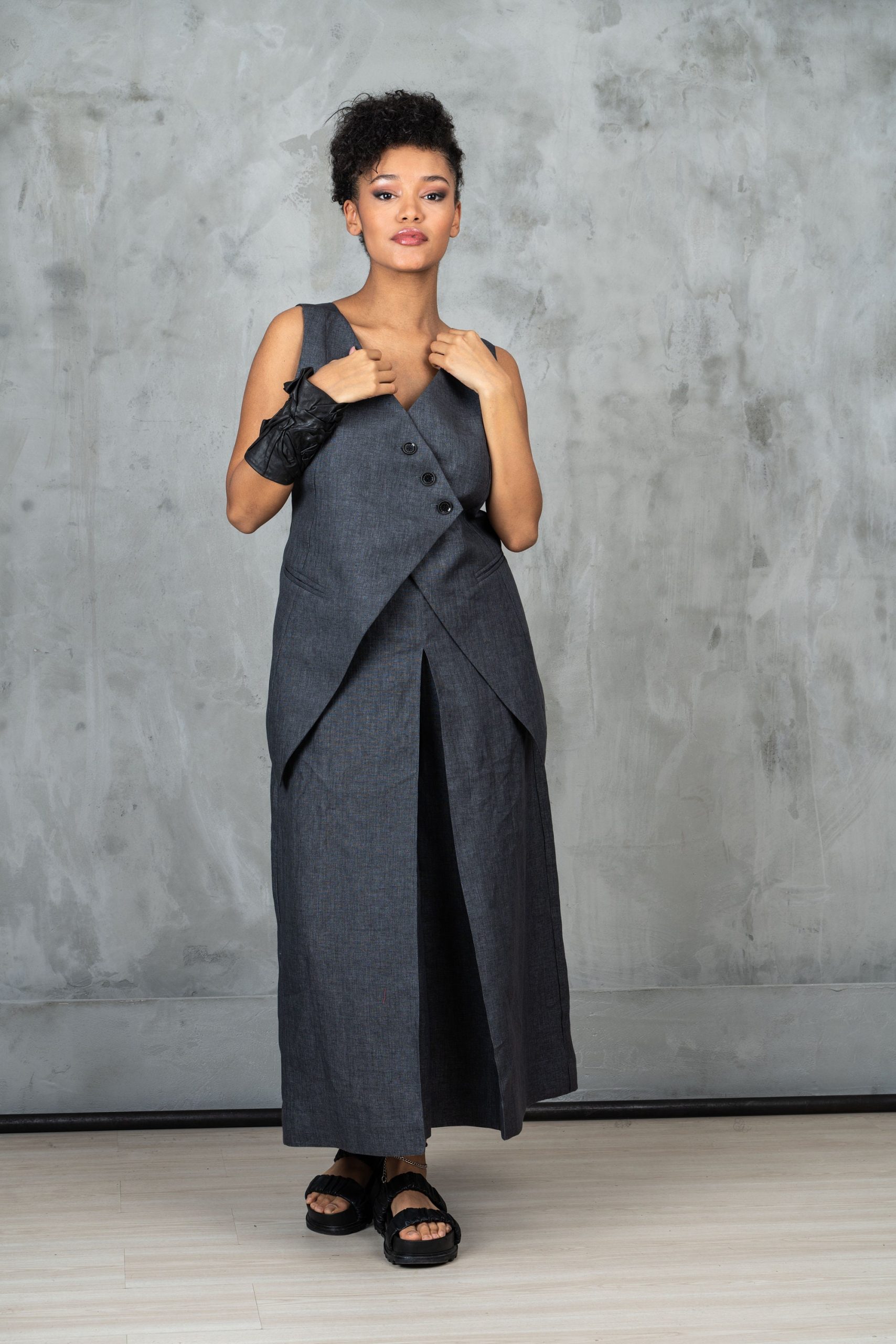 Graphite Linen Waistcoat Avant Garde Women's Vest Goth