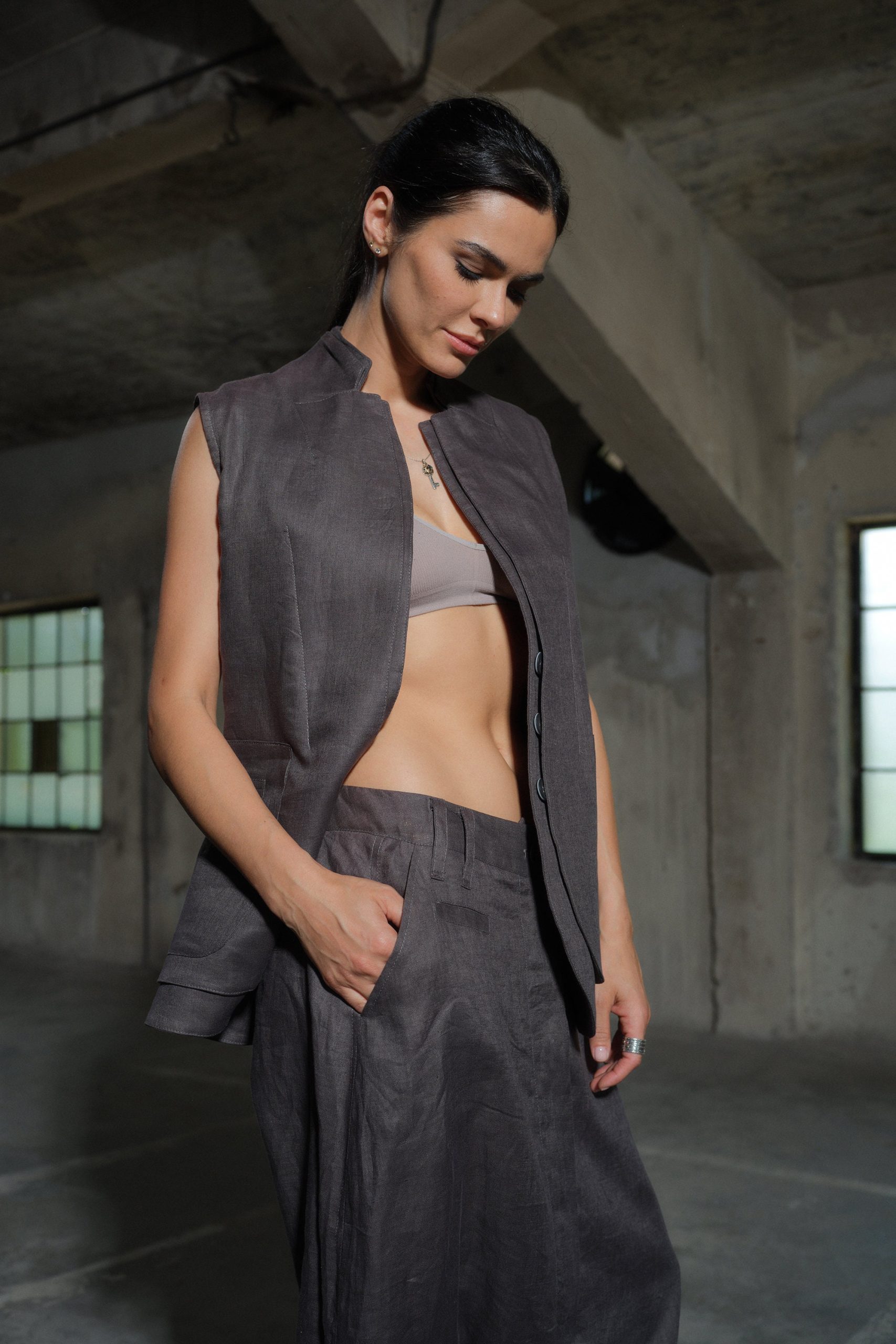 Avant Garde Dark Gray Linen Vest With Double