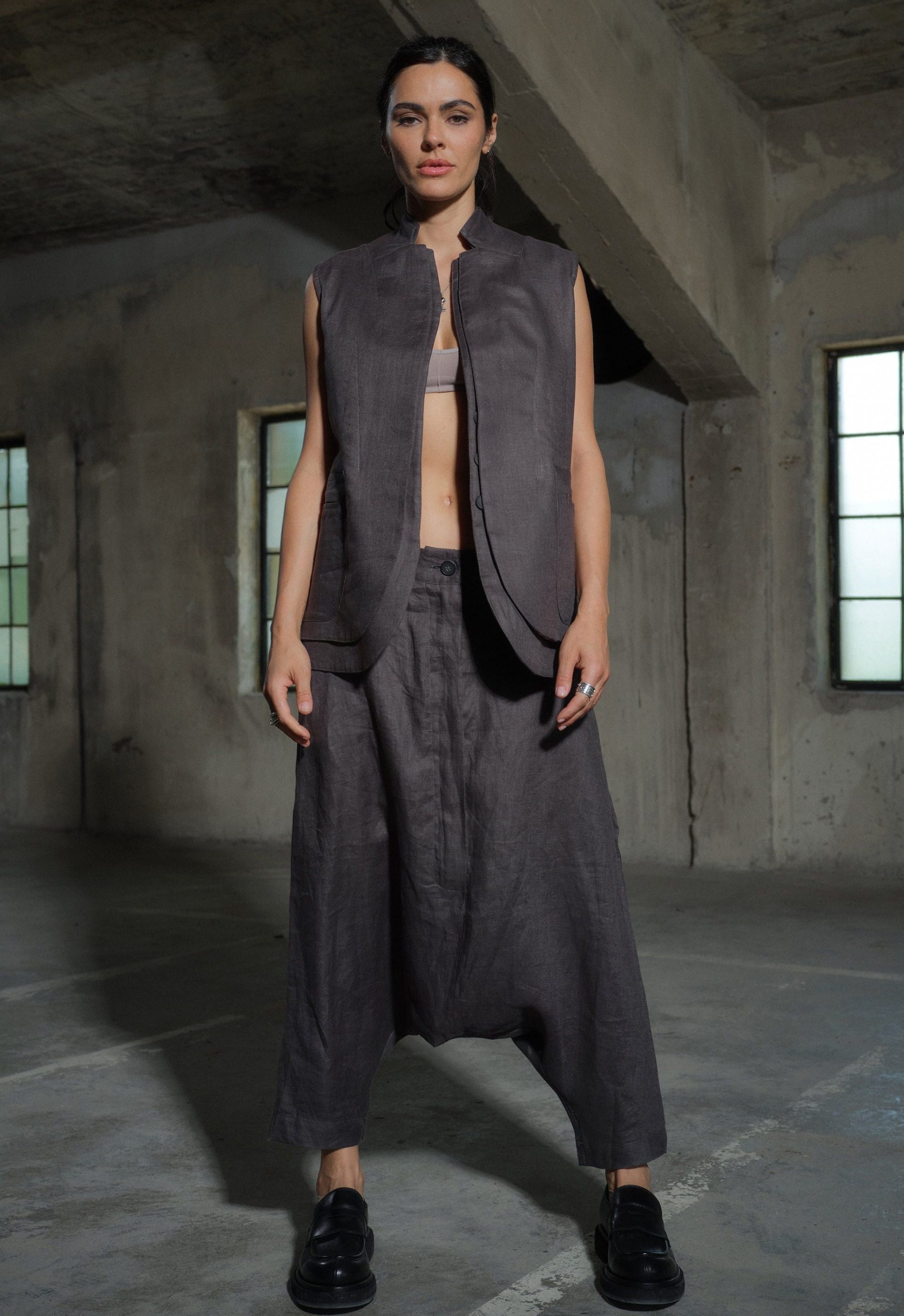 Avant Garde Dark Gray Linen Vest With Double