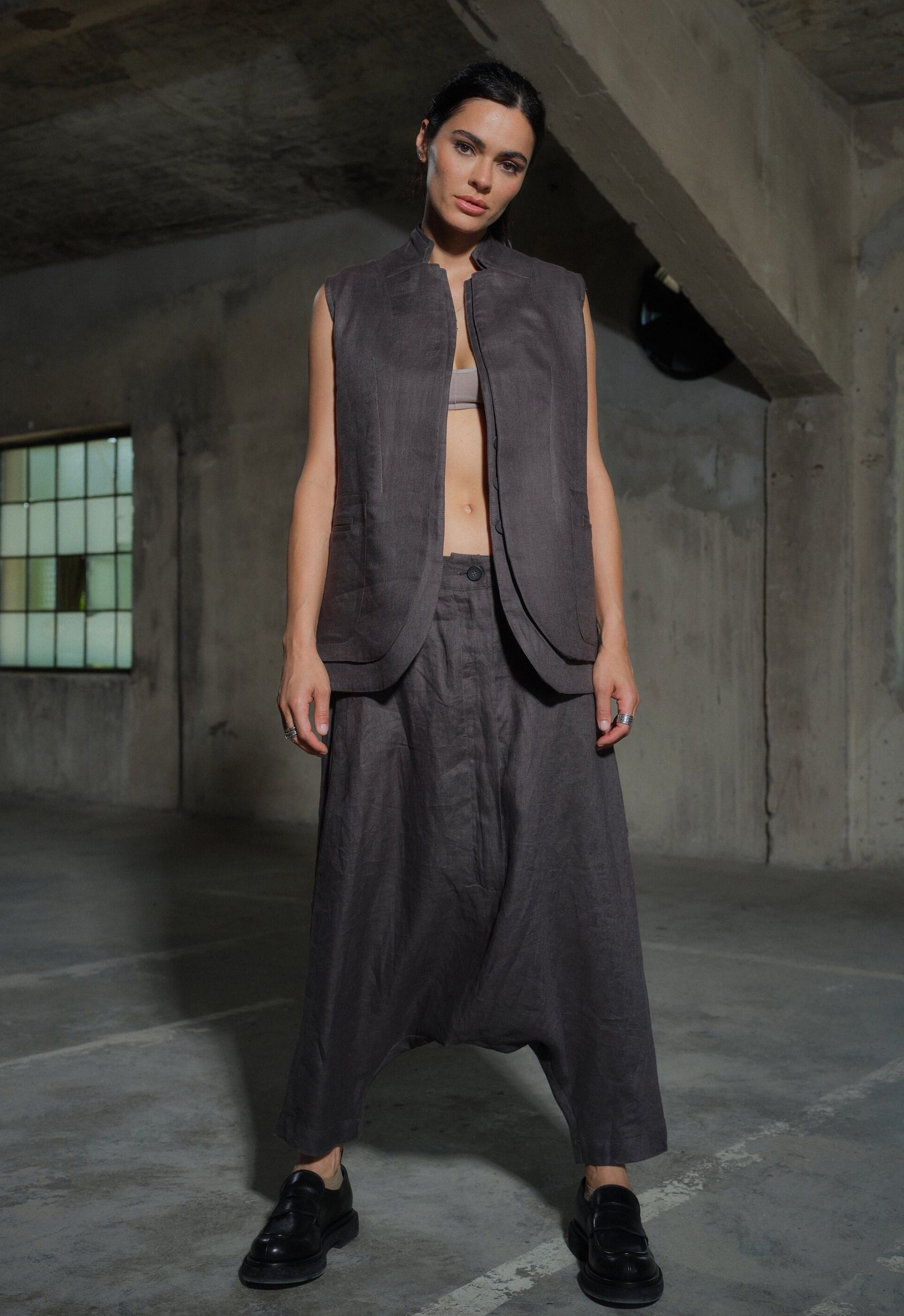 Avant Garde Dark Gray Linen Vest With Double