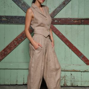 Handmade Beige Linen Vest Women: Italian Lightweight Fabric