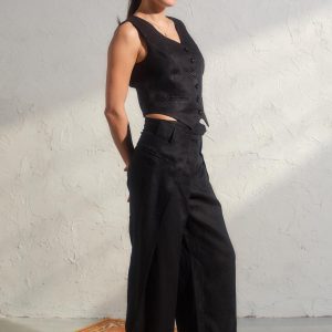Black Linen Button Down Vest Womens Organic Clothing