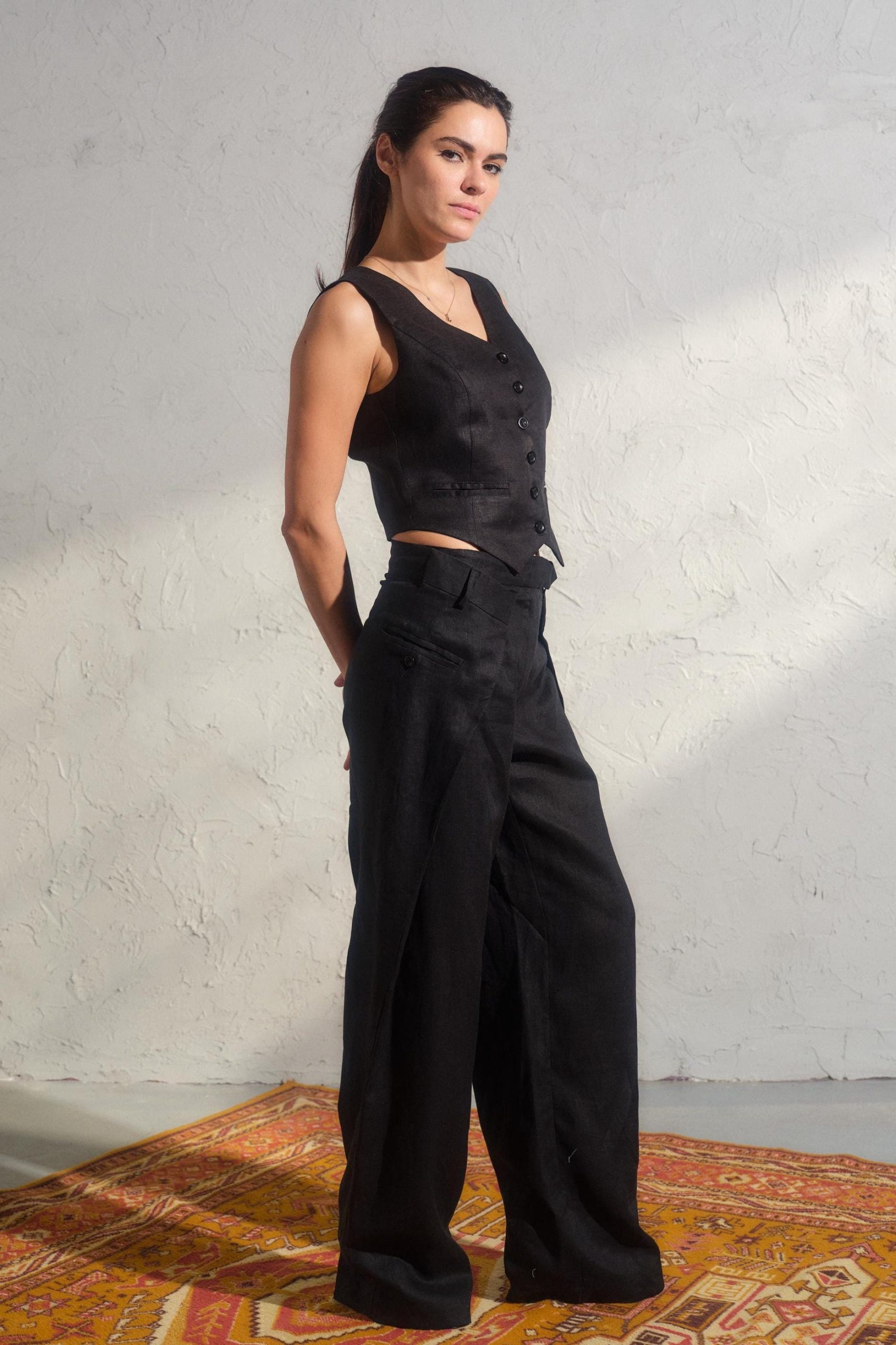 Black Linen Button Down Vest Womens Organic Clothing