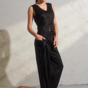 Black Linen Button Down Vest Womens Organic Clothing