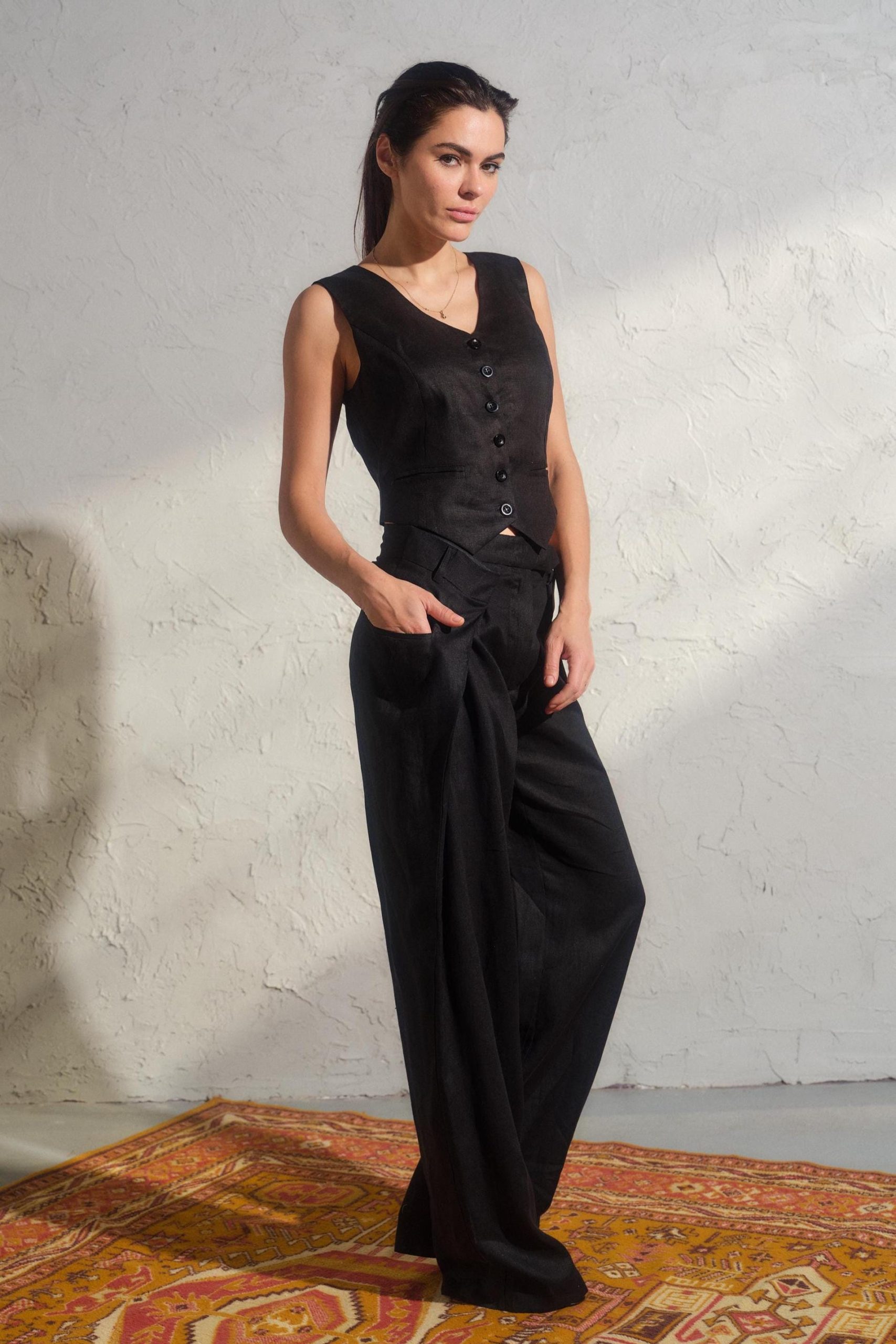 Black Linen Button Down Vest Womens Organic Clothing