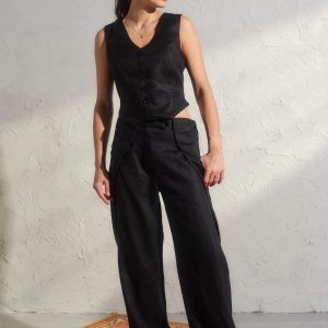 Black Linen Button Down Vest Womens Organic Clothing