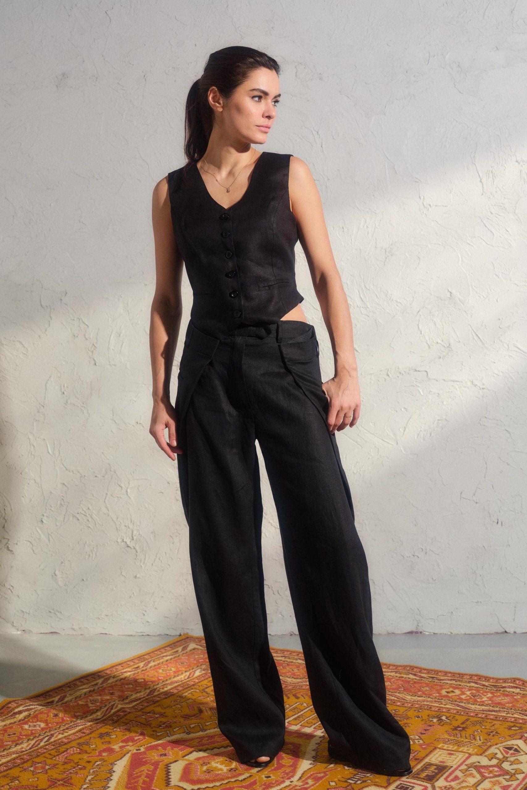 Black Linen Button Down Vest Womens Organic Clothing