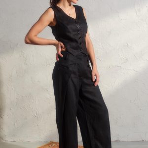 Black Linen Button Down Vest Womens Organic Clothing