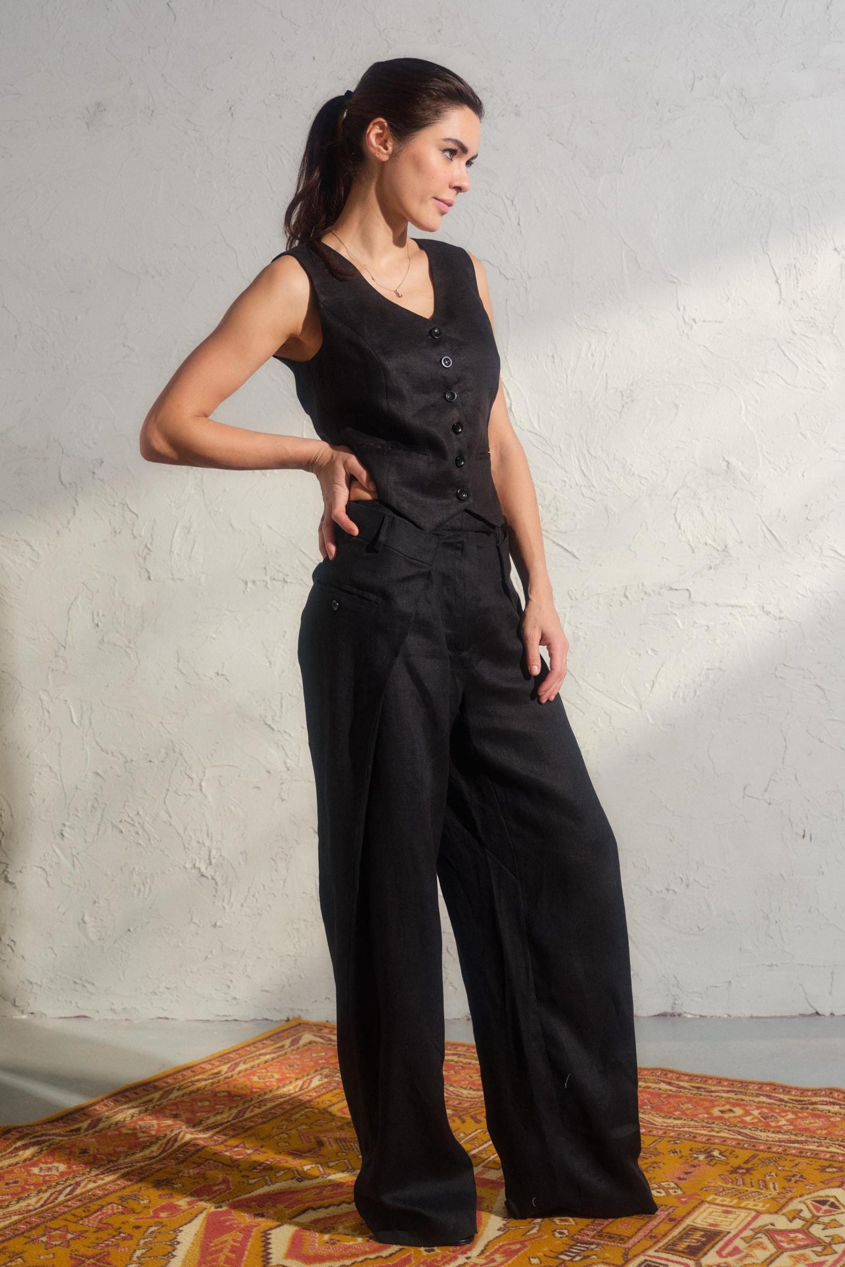 Black Linen Button Down Vest Womens Organic Clothing