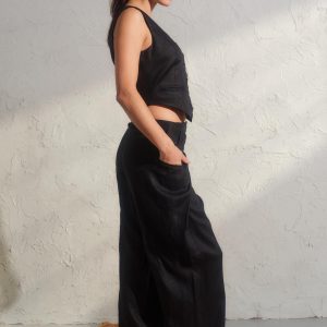 Black Linen Button Down Vest Womens Organic Clothing