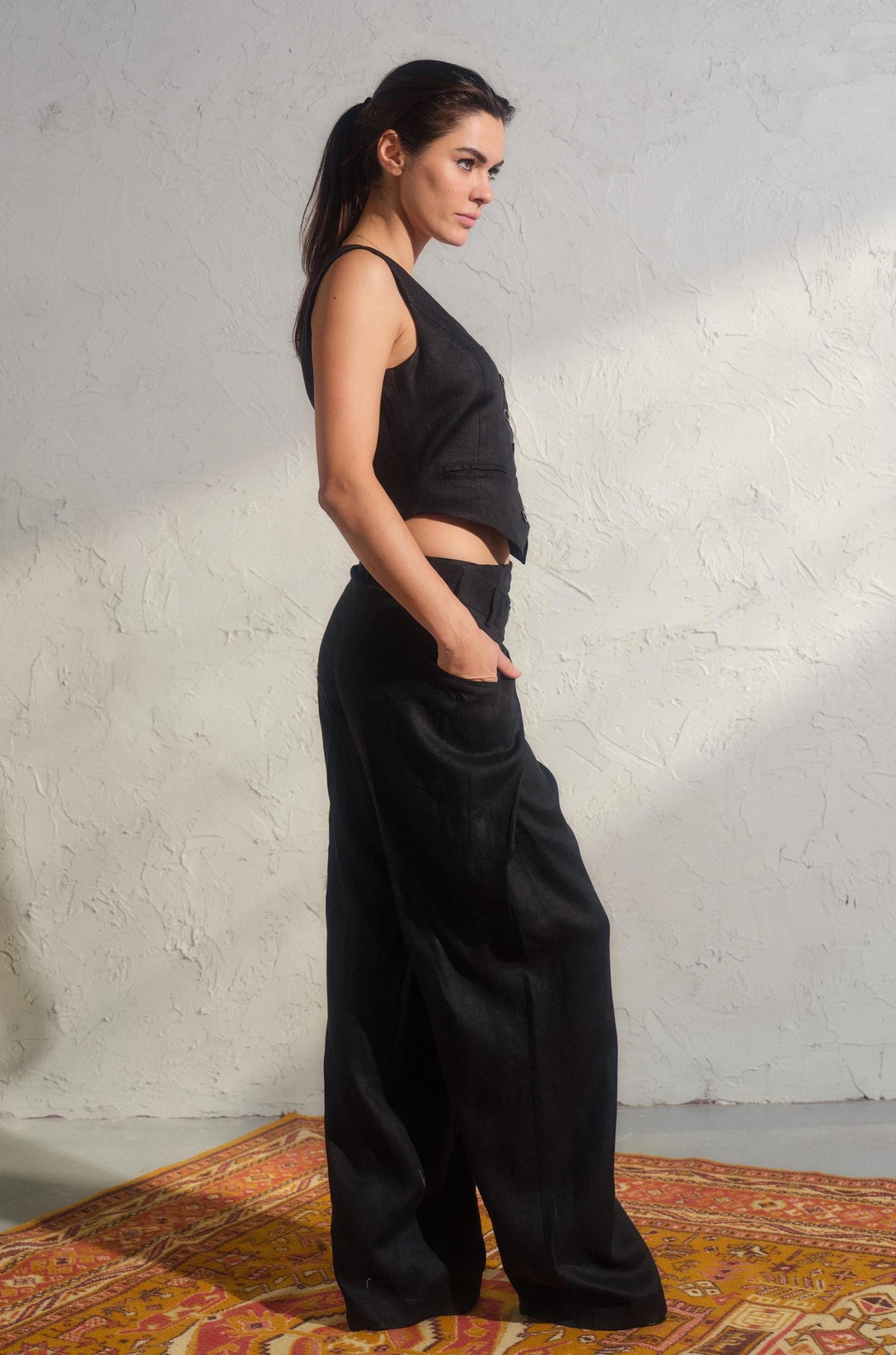 Black Linen Button Down Vest Womens Organic Clothing