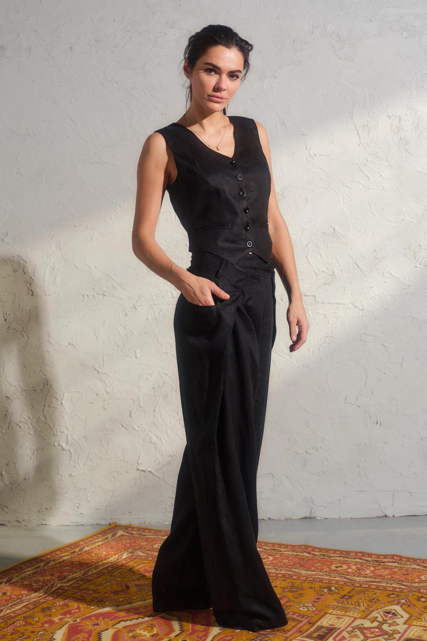 Black Linen Button Down Vest Womens Organic Clothing