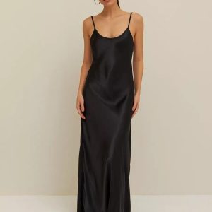Silk Slip Maxi Dress In Black Elegant Sleeveless
