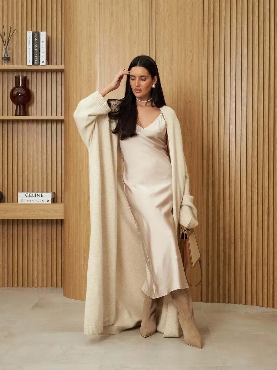 Elegant V Neck Silk Slip Dress Satin Midi