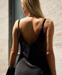 Elegant V Neck Silk Slip Dress Satin Midi