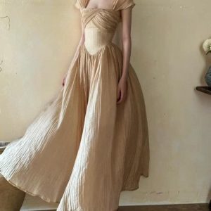 Champagne Pleated Evening Dress Off Shoulder Bridesmaid Gown
