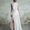 Elegant Pleated White Maxi Dress With High Slit