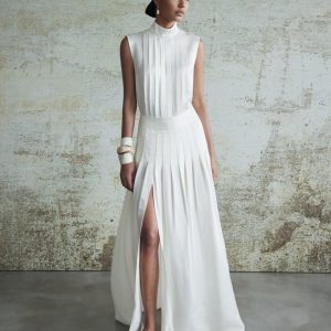 Elegant Pleated White Maxi Dress With High Slit