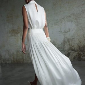 Elegant Pleated White Maxi Dress With High Slit
