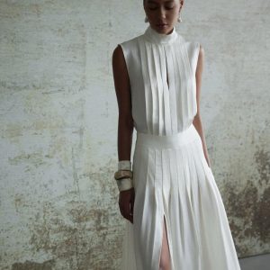 Elegant Pleated White Maxi Dress With High Slit