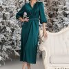 Emerald Green Satin Midi Dress Elegant V Neck