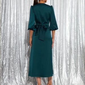 Emerald Green Satin Midi Dress Elegant V Neck