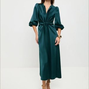 Emerald Green Satin Midi Dress Elegant V Neck