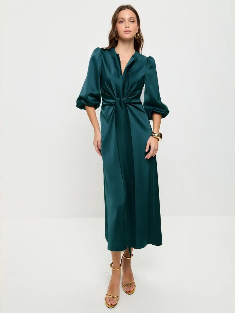 Emerald Green Satin Midi Dress Elegant V Neck