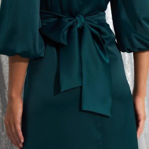 Emerald Green Satin Midi Dress Elegant V Neck